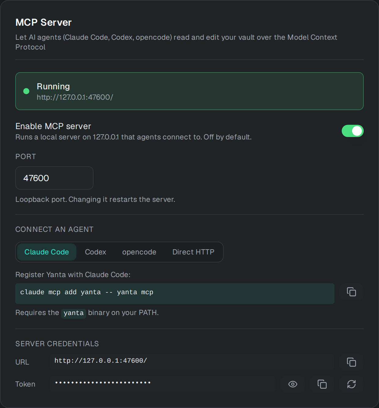 YANTA's Settings screen showing the MCP Server panel: a running server on 127.0.0.1, an enable toggle, agent setup for Claude Code, and server credentials