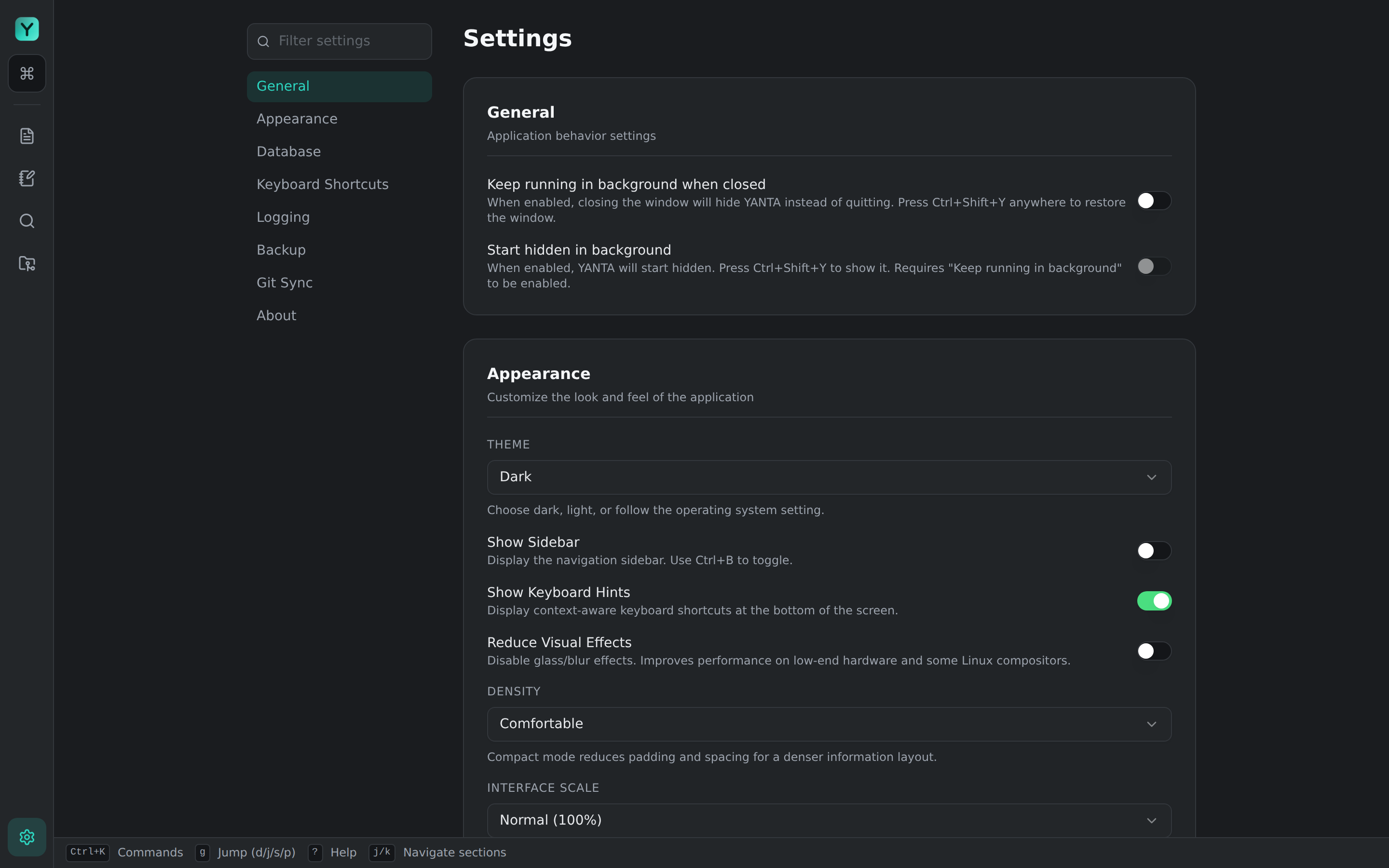 YANTA settings screen in its dark graphite theme