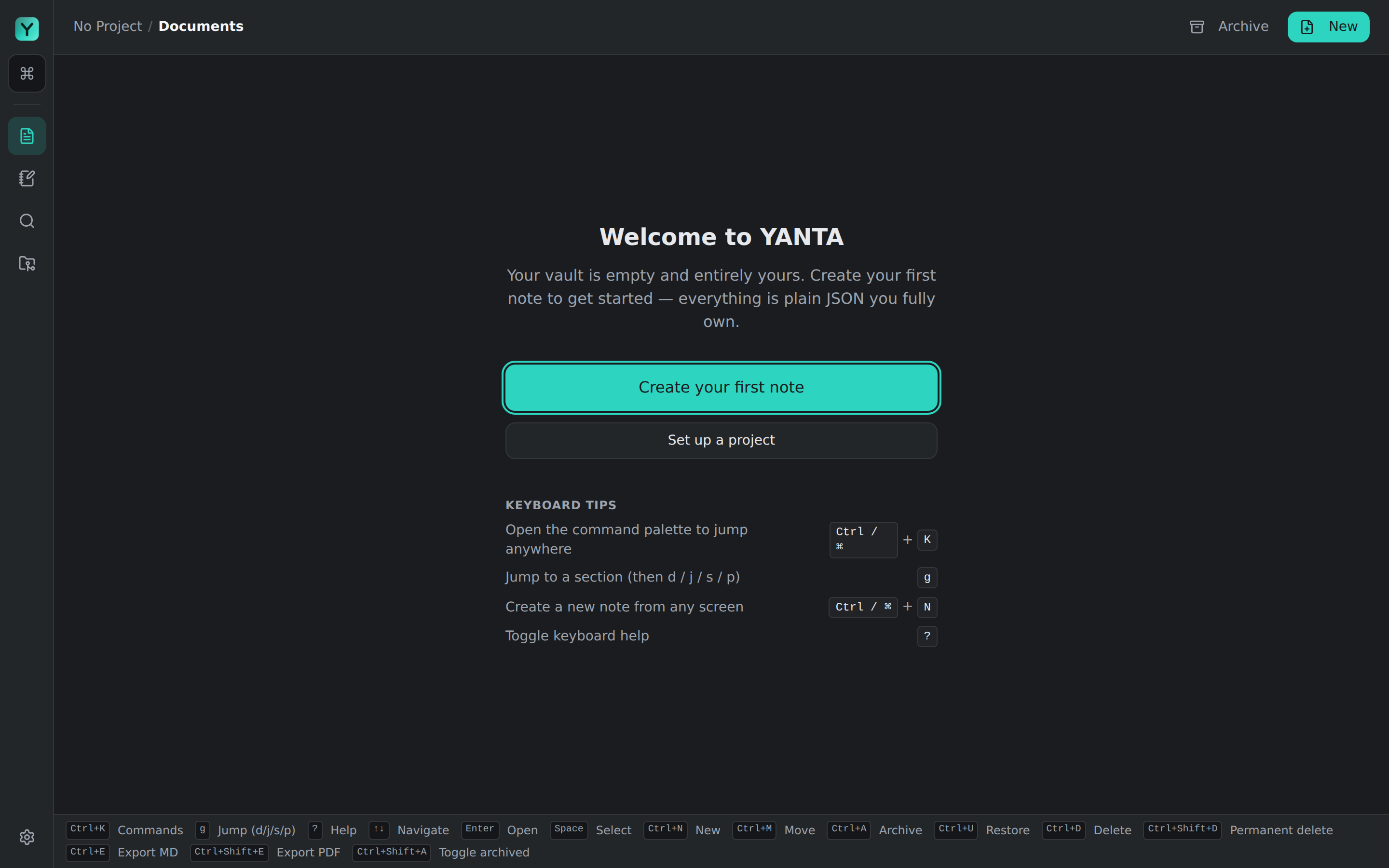 YANTA documents screen in its dark graphite theme